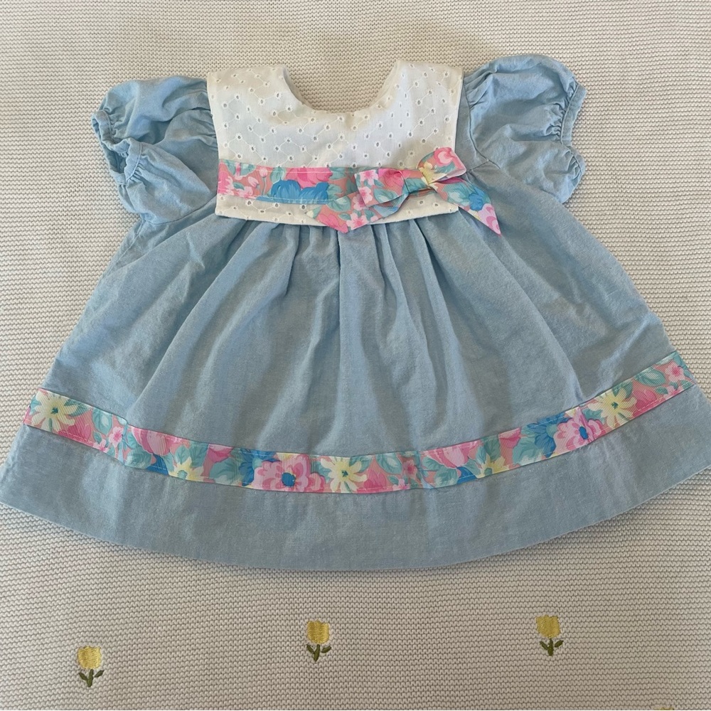 Vintage Rare Editions Baby Dress Blue Eyelet Floral Ribbon 9M USA, Easter